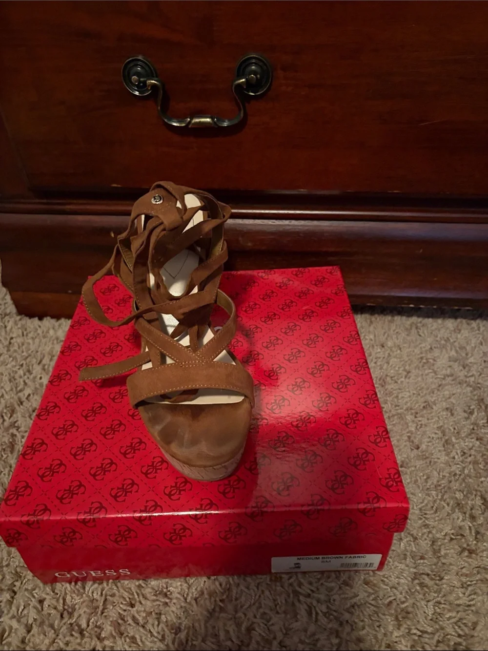 Guess Brown Suede Crisscross Lace-Up Wedge Sandals
